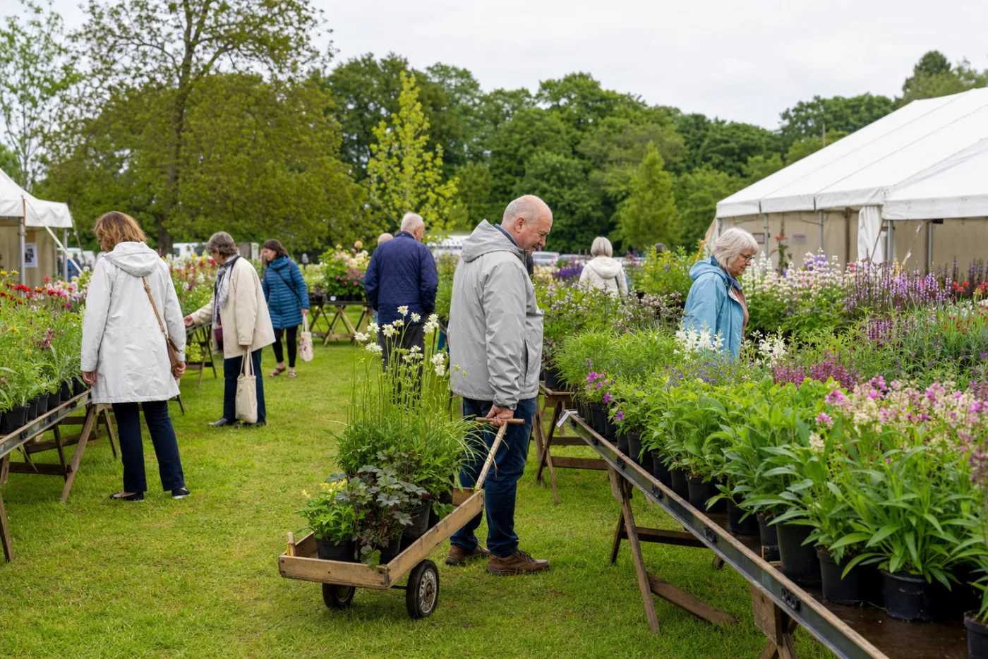Visitors browsing perennials on nursery stands inside a flower show marquee